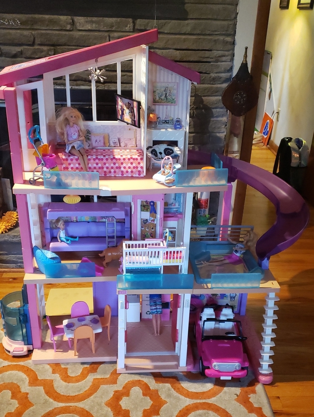 Barbie Multi-Level Dollhouse Playset Pink Purple Slide Furn(everything Inculded)